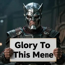 Dramatic scene with Gowron the Klingon glaring menacingly while holding a sign reading Glory To This Meme, hyperrealistic, movie still, dramatic lighting, extremely detailed