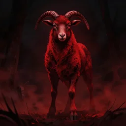 lamb cultist digital art, deep crimson and dark shadows, black background, ambient glow, horror scene
