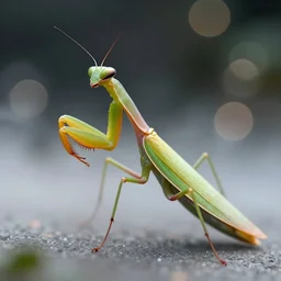 detailed macro photography of green and gold praying mantis, bokeh, glowing fog, trending on artstation