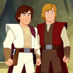 cartoon of anakin skywalker and luke skywalker standing proudly shoulder to shoulder