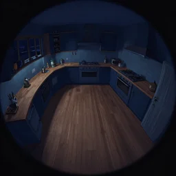 fisheye spiral lines, naive, extra narrow, detailed illustration of a nightly kitchen, large floor, dimly lit by rhads, trending artstation, wood texture, dark blue tones