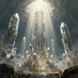 concept art of an ancient fantasy, huge crystals!!, god rays, artstation