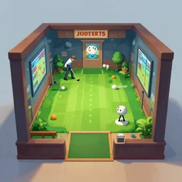 A beautiful artwork illustration, a videogame level in a small golf-themed museum escape room with a golf ball who is a detective, featured on artstation, wide angle, horizontal orientation