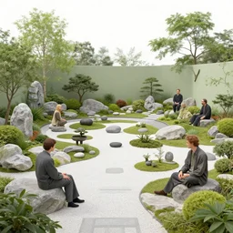 a solarpunk zen garden by hubert robert and ivan shishkin and zacharias aagaard and gillis rombouts, white sand, smooth rocks, chiaroscuro, tonalism, sfumato, high saturation, high contrast, vibrant, highly intricate details, dusty