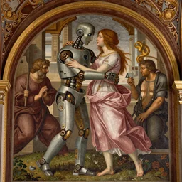 vertical mural depicting the loving embrace between two robots, elegant, renaissance era style, striking composition, highly  detailed ornate sci fi background, mural in the style of sandro botticelli, caravaggio, albrecth durer, 8k