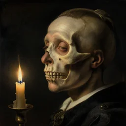 a man's face in profile, candles skeleton, in the style of the Dutch masters and Gregory Crewdson, dark and moody