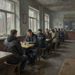 dark oil realistic painting a row of people lining in a decrepit communist soviet cafeteria