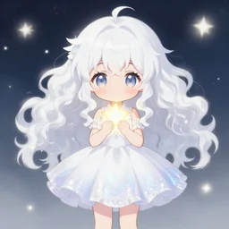 full body cute adorable young anime kitsune with white curly hair, pearlescent white magical girl dress. holding tiny glowing star. isekai heaven, symmetrical face. symmetrical detailed defined eyes. beautiful lineart. pixiv # 1 ranking depth of focus, chromatic aberration, noise, soft lighting, srgb, 4 k, ross tran style of chobits