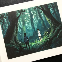 a close - up grainy risograph, painting of a scene from horizon zero dawn + hyper light drigter, dense forest, by moebius and kim jung gi and satoshi kon
