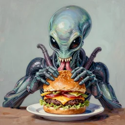 alien xenomorph eating a cheeseburger, painted by norman rockwell height 7 6 8 - n 9