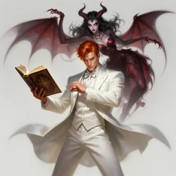 a highly detailed illustration of short ginger haired man wearing white suit, dramatic holding spellbook pose, succubus girl floating behind him, intricate, elegant, highly detailed, centered, digital painting, artstation, concept art, smooth, sharp focus, league of legends concept art, WLOP