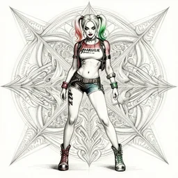 symmetry concpet art, full shot, traditional ink, sketch, of megan fox as harley quinn, line sketch, intricate, elegant, highly detailed, monochrome, digital painting, artstation, concept art, green, black, red ink sharp focus, illustration, art by borderlands 3 and peter polach