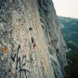 mountain climbing rope on cliff, graffiti, garnets album cover, soft lighting, film, nostalgia