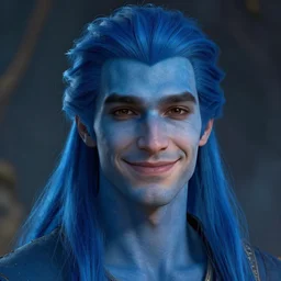 a portrait of a man with long blue hair tied back and blue skin, a character portrait, clean shaven, smiling, trending on deviantart, fantasy art, lighthearted, handsome, style by donato giancola, wayne reynolds, jeff easley dramatic light, high detail, cinematic lighting, trending on artstation