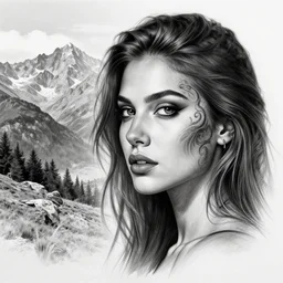 amazing blend effect of beautiful mountain scenery with a beautiful woman face, tattoo design sketch, hyper - realistic, in the style of matteo pasqualin, amazing detail, black and white