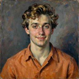 A portrait en buste of a man in his twenties, soft round features, oval face, warm skin tone, blue grey eyes, short length wavy dark blond hair, kind smile, bags under eyes, slight stubble, wearing a textured ochre cotton dress shirt rolled at the elbows, fauvisme, art du XIXe siècle,  figurative oil on canvas by André Derain, Albert Marquet, Auguste Herbin, Louis Valtat, Musée d'Orsay catalogue