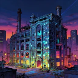 a beautiful very detailed illustration of meeting house abandoned industrial architecture city architecture by b. v. doshi, evil thermal imaging at dusk vaporwave studio ghibli neon noir laser steampunk nightvision mercury made of glass, archdaily, wallpaper, highly detailed, trending on artstation.