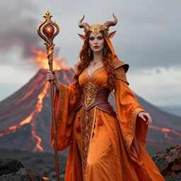 beautiful elemental volcano witch with ornate orange robes and staff, highly detailed, 4 k, hdr, smooth, sharp focus, high resolution, award - winning photo, artgerm, photorealistic