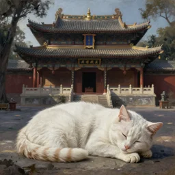painting of a beautiful white cat sleeping in front of an ancient oriental temple by Gustave Moreau
