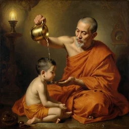 old srilankan buddhist monk pouring liquid gold like water into buddhist monk kid head in baroque style, painting by gaston bussiere, craig mullins, j. c. leyendecker, lights, art by ernst haeckel, john william godward, hammershøi,