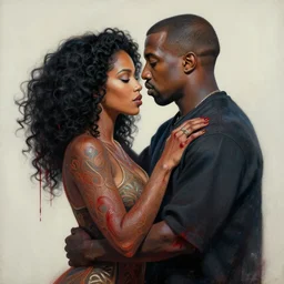 A painting of Donda West embracing her son Kanye West as a spirit, side profile, blood, intricate details, afrofuturism, 8K concept art, spiritual, Simom Stalenhag, digital art