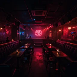Interior of a noir night club, Greg Rutkowski, Feng Zhu, trending on Artstation, 8K, ultra wide angle, establishing shot, pincushion lens effect, zenith view
