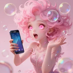 man gets samsung galaxy 2 2, dreamy and ethereal, expressive pose, big pink eyes, exciting expression, fantasy, intricate, elegant, many rainbow bubbles, rose tones, highly detailed, digital painting, artstation, concept art, cyberpunk wearing, smooth, sharp focus, illustration, art by artgerm and greg rutkowskiand alphonse mucha