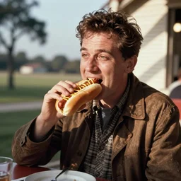 35mm photo of ignatius riley from a confederacy of dunces eating a hotdog