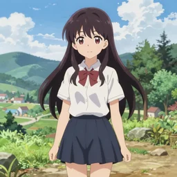 anime girl standing in an Isekai anime, showing the landscape around her, high quality anime art style
