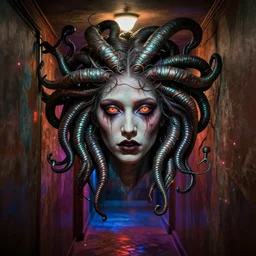 a hallway with colored lights at the end, the face of a medusa appears and heads straight for the camera, intricate, highly detailed horror art by kim jung gi and greg rutkowski
