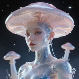 retrofuturistic portrait of a cybertronic mushroom girl, reflective gradient smooth transparent surfaces, space graphics art in background, close up, quint buchholz, wlop, dan mumford, artgerm, liam brazier, peter mohrbacher, raw, featured on artstation, octane render, cinematic, elegant, intricate, 8 k