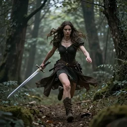 brunette sorceress running through the woods with a sword in one hand, epic fantasy, trending on artstation, 4k, highly detailed concept art