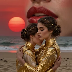 woman love woman, sweet hugs, gold trim, atmoshperic, elegant, sharp focus, sand sea, red sun, huge lips, by nixeu, artstation, intricate details