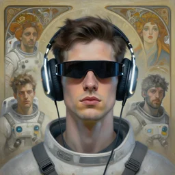 future coder man looking on, sleek cyclops display over eyes and sleek bright headphoneset, neon accent lights, desaturated headshot portrait painting by dean cornwall, rhads, john berkey, tom whalen, alex grey, alphonse mucha, donoto giancola, astronaut cyberpunk electric fashion photography