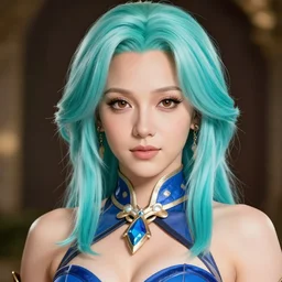 portrait of britney spears with turquoise hair, big brown eyes, and a blue dress, intricate jewelry, genshin impact, realistic anime, sharp focus, octane render, trending on artstation, 8k