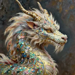 close up profile of a hairy, flowery spirit dragon with fur and feathers, elegant, majestic, oil painting by alphonse mucha, rhads, ross tran, rhads, artgem, octane render, 1 6 k, super detailed, intricate