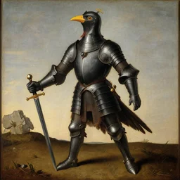 anthropomorphic avian warrior wearing dark armour holding a sword stuck in the ground, renaissance painting