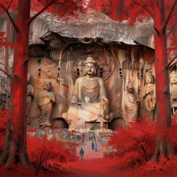 mogao grottoes, statues in red forest, in the style of studio ghibli, j. c. leyendecker, greg rutkowski, artem
