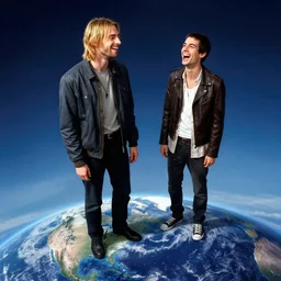 giant kurt cobaine and lil peep laughing looking down from the sky on the earth, atmospheric, cinematic, art by artgerm and greg rutkowski and alphonse mucha