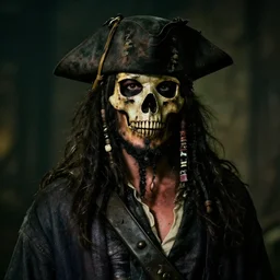 scene of a dirty rugged old pirate lord wearing dirty old black hat, black coat and a worn and stained skull bone mask, long black beard and long black hair, dark scene with dim light, movie scene, depth of field