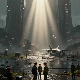 A landscape with a dystopian city, rain, puddles, oil, people are talking in the foreground, bottom view, volumetric lighting, ray lighting from top of frame, crepuscular ray lighting from above, dynamic lighting, muted colors, by Greg rutkowski, thomas kinkade, Andreas rocha, john howe, pixar, f16, hd, 8k