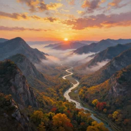 The most beautiful panoramic landscape, oil painting, where the mountains are towering over the valley below their peaks shrouded in mist. The sun is just peeking over the horizon producing an awesome flare and the sky is ablaze with warm colors and mammatus clouds. The river is winding its way through the valley and the trees are starting to turn yellow and red, by Greg Rutkowski, aerial view