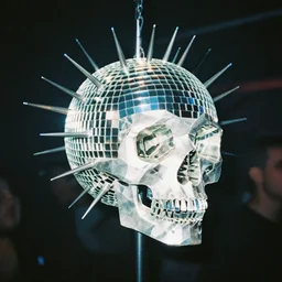 a grainy film still of a low poly disco skull full of long spikes, reflecting light in a nightclub, grainy film photograph