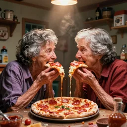 grandmas smashing their faces together with pepperoni pizza, sloppy garlic sauce, in a hoarder house