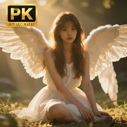 An angel girl, sitting, golden hour, crepuscular rays, digital art, 4k, unreal engine, high quality render