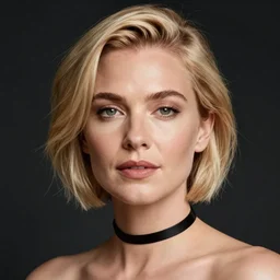portrait of a woman, blonde, short hair, choker, by mandy jurgens