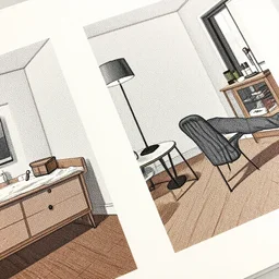 angled views of a home interior, detailed, editorial illustration, halftone texture, risograph, dynamic pose, matte print, grainy light, ( ( dither ) ). [ abstract background! ], high contrast, silver + red + black + beige, screen print