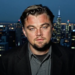 Leonardo DiCaprio on the top of the world trade center, face close-up, 1990's, night time.