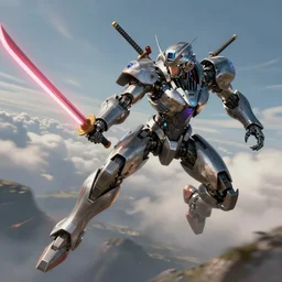 supersonic samurai made of cybernetic steel, flying on a jetpack and wielding a laser katana, medium shot, digital art, illustration, highly detailed, cinematic lighting, by mark brooks