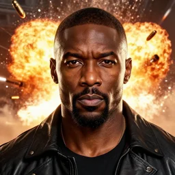 face centered portrait of eldris elba, sci - fi, volumetric lighting, artillery explosions, heavy fire, bullets, sharp focus, ultra detailed, mack sztaba
